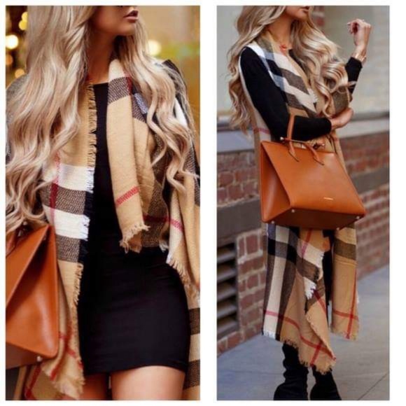 ONE LEFT! Camel Plaid Long Vest - Picture 2 of 2